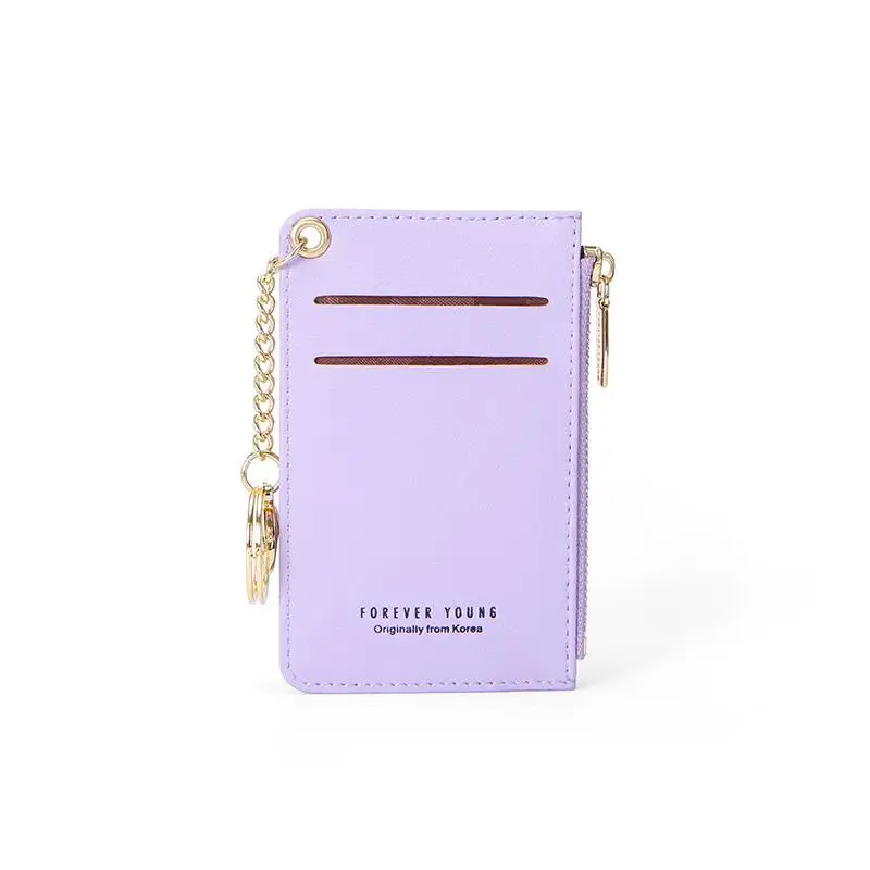 Unishow Women Card Holder Pu Leather Key Chain Wallet Small Card Wallets Female Mini Credit Card Holders Zipper Coin Purse Bag - Цвет: Фиолетовый