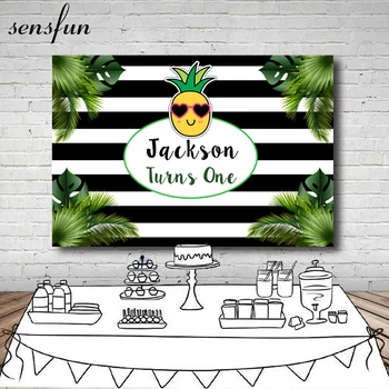 

Sensfun Tropical Pineapple 1st Birthday Party Backdrop White and Black Striped Backgrounds For Photo Studio 7x5FT Vinyl