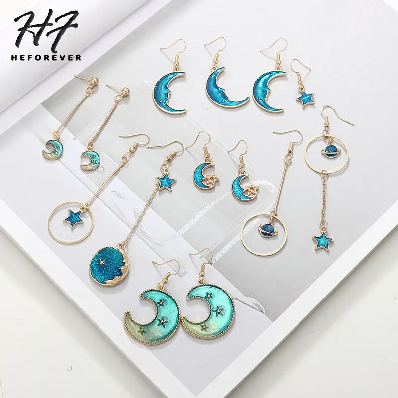 Romantic Dreaming Gold Color Sun Moon Star Earth Drop Earrings for Women Geometric Electroplate Piercing Earing Jewelry KB332