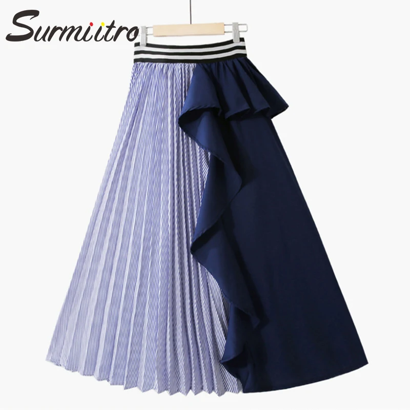 

Surmiitro Long Maxi A-line Summer Skirt Women 2019 Fashion Striped Solid Patchwork Ruffles High Waist School Skirt Female