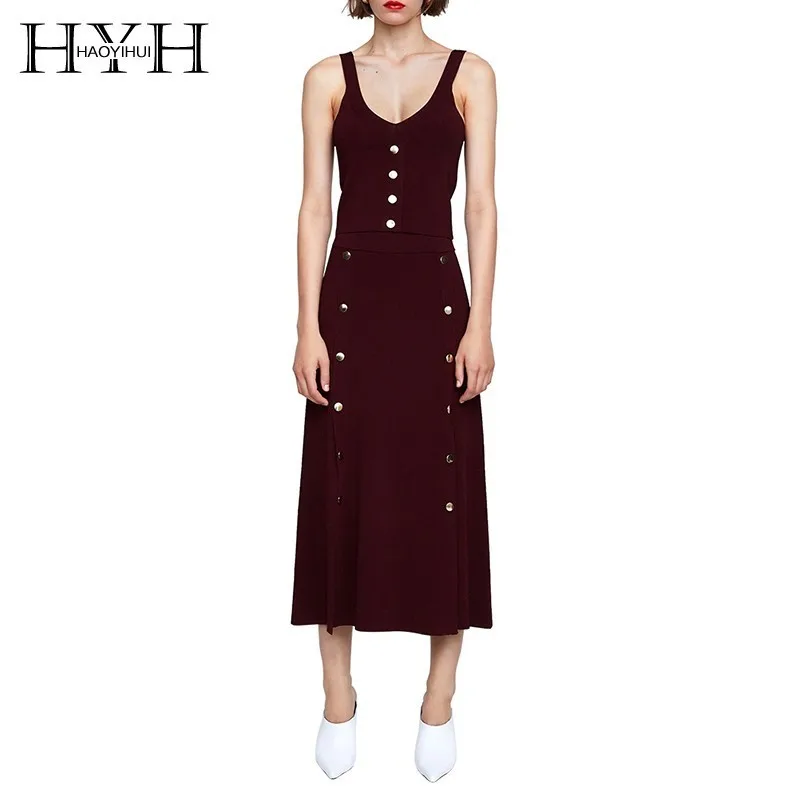 

HYH Haoyihui Femme Sexy Elegant Vintage Burgundy Tank Tops Front Metal Buttons Deep V-Neck Sleeveless Knitted Cardigan Sweaters