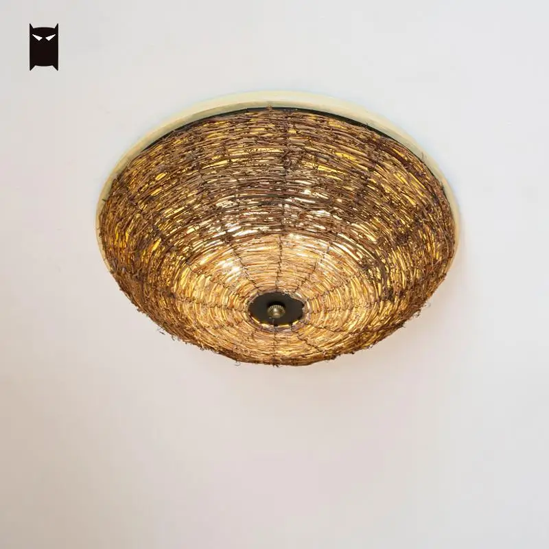Wood Wicker Rattan Round Shade Ceiling Light Fixture Handmade Rural