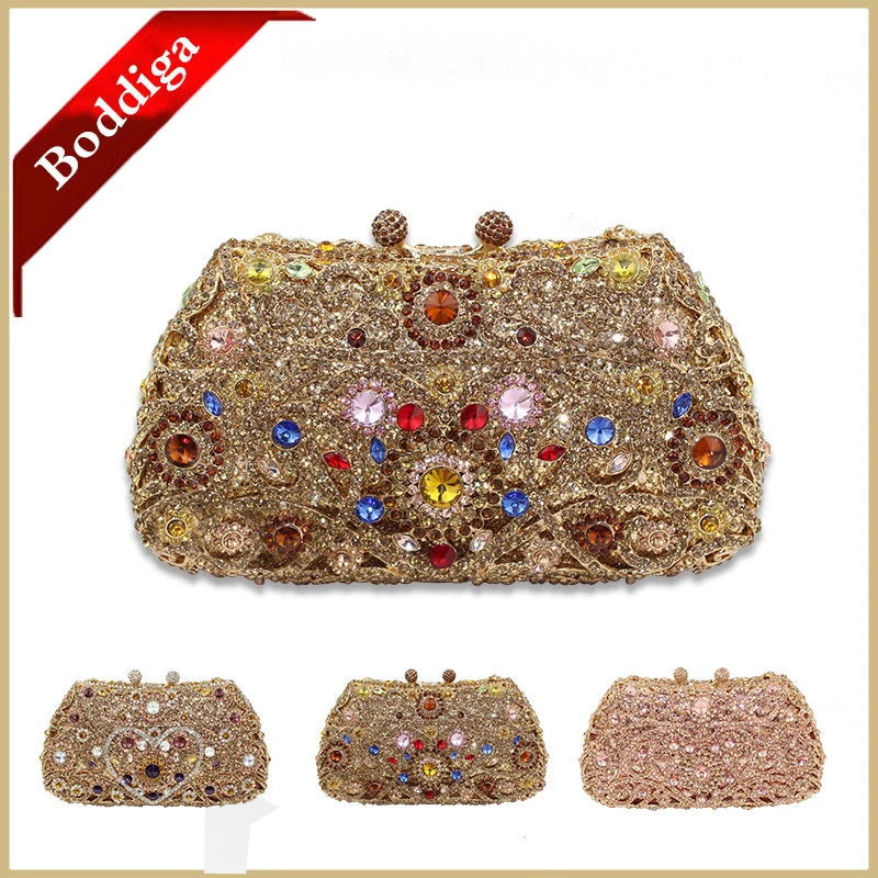 

100% Handmade Luxury Crystal Evening Bags Women Party Clutch Bags Multicolor Long Chain Purses and Handbag