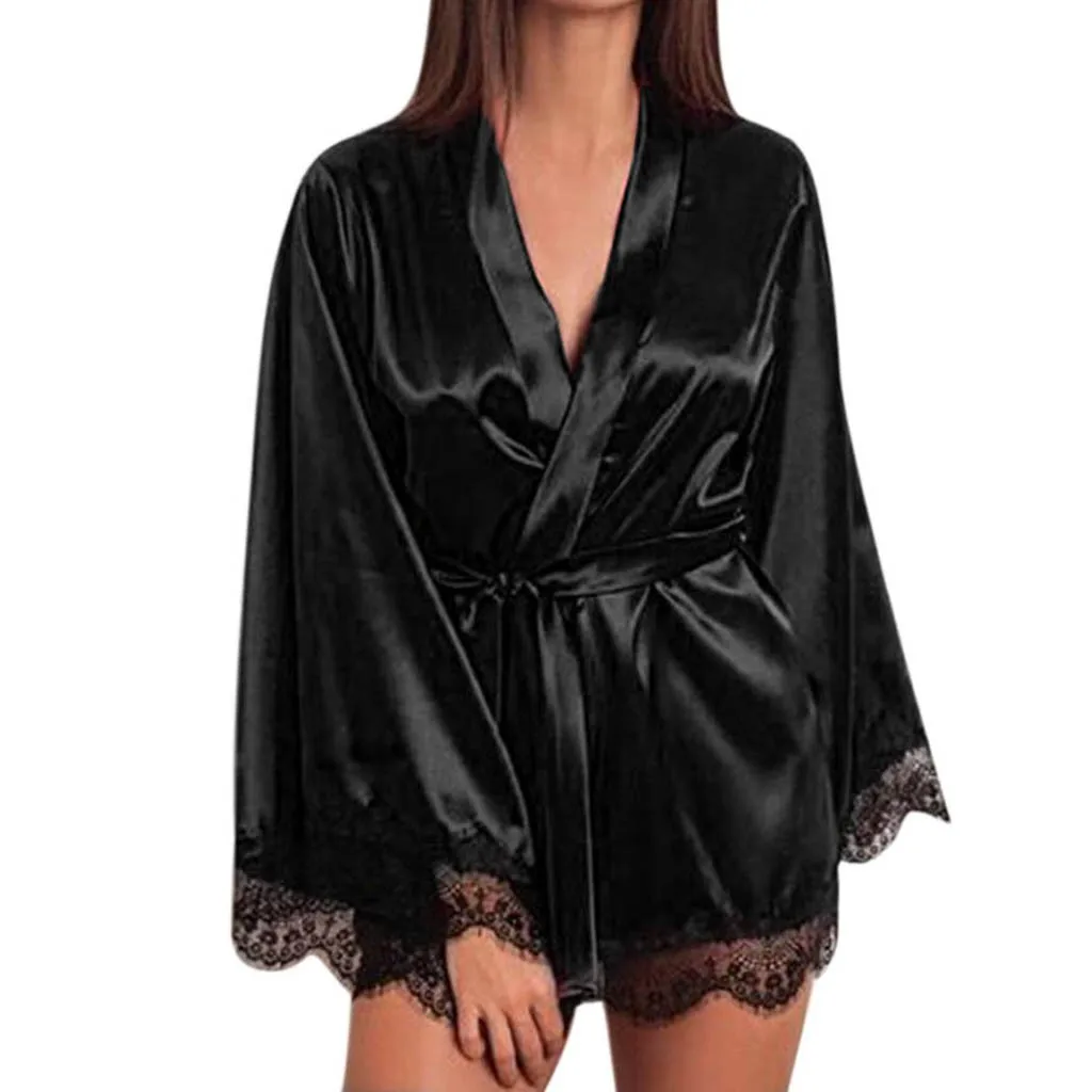 Женская Ночная сорочка из шелкового атласа, ночная сорочка, кружевная сорочка, одежда для сна, сексуальное нижнее белье, костюмы, аксессуары 1p#080 - Цвет: Black