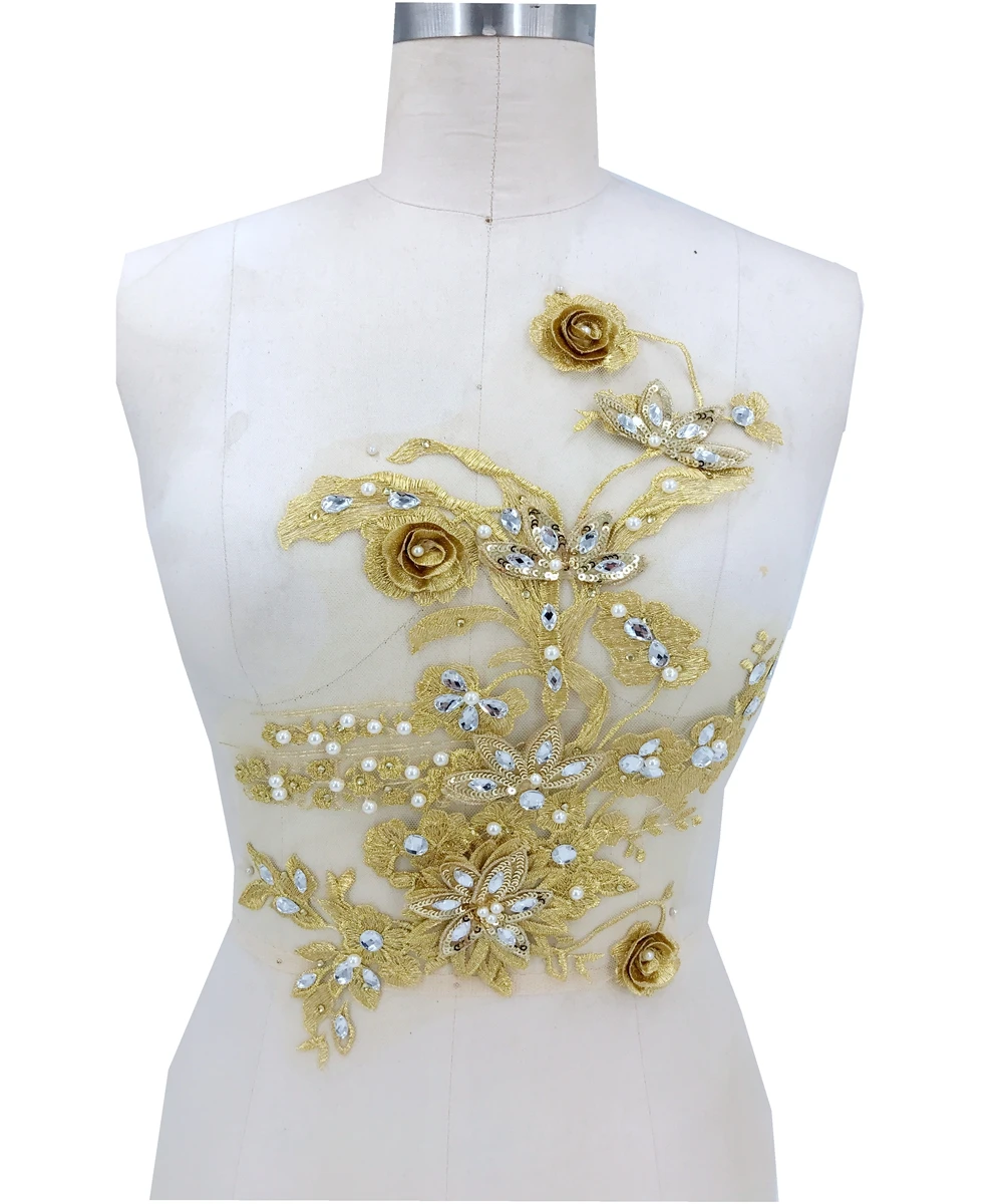 sew on rhinestones golden embroidery lace applique 40*25cm patches trim