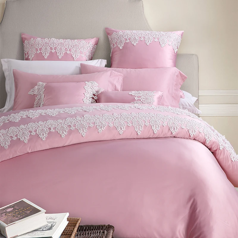 

Papa&Mima Luxury Lace Border Bedlinens Queen/King Size 4/6Pcs Bedding Sets Washed Silk Cotton Flat Sheet Sets Cushion Covers