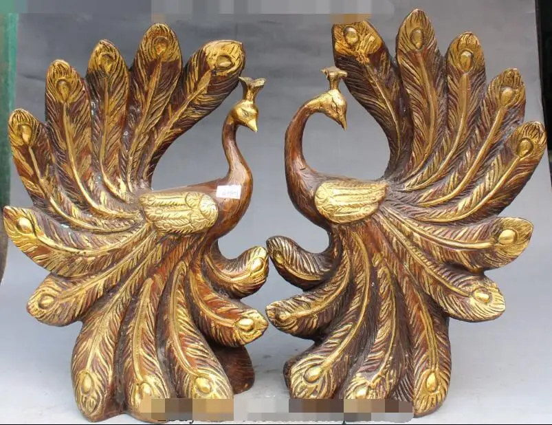 

S01416 14"Chinese Bronze Gilt Folk Beautiful Animal Peacock Peafowl KongQue Statue Pair