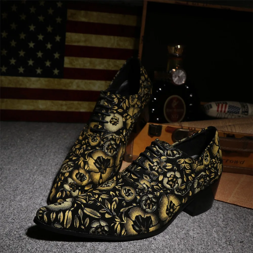 

Mens Embroidery Floral Pointed Toe Chunky Heels Wedding Formal Shoes Lace Up Wingtips Business Gold Blue Red
