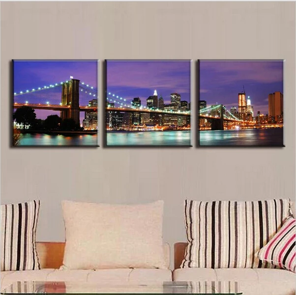 

3 Pcs/Set Landscape Canvas Prints The Purple Night Of New York City On The Brooklyn Bridge Wall Pictures For Living Room