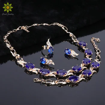 

Jewelry Sets For Brides Women 22020 Hot Blue Crystal Stone Oval Pendant Wedding Gold Color Earrings Ring Bracelet Necklace Set