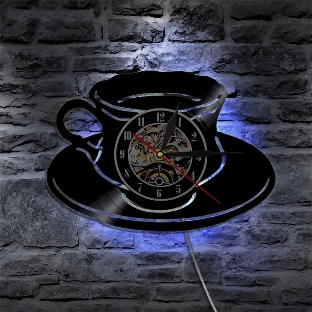 

LED Wall Clock Modern Design Decorative Kitchen Clocks with 7 Color Change Coffee Vinyl Record Wall Watch Home Decor Silent