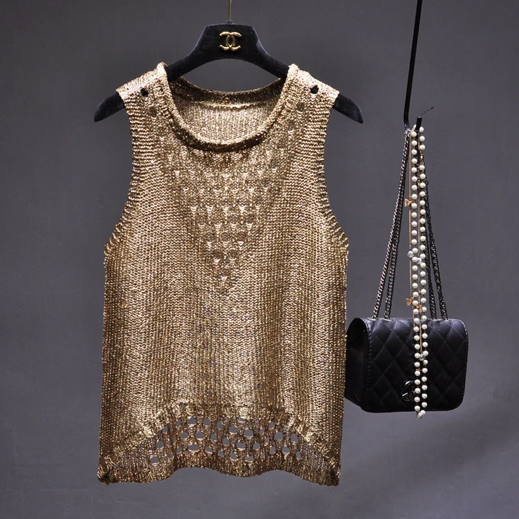 

Personality BINGBING Sequins Hollow Out Knitted Top for Women Solid Color O Neck All-match Knitted Top Sexy Sleeveless Tanks