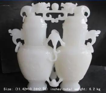 

11.42"/ Elaborate 100% of Afghanistan white jade carved Siamese dragon bead flower bottle