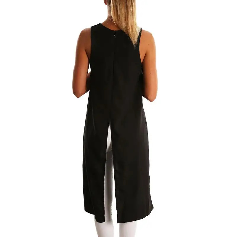 Dreszdi Summer Casual Black Tank Top Women High Split Back Sleeveless Blouse Cool Hi-Low Hem Ladies White Tops S-XXL (3)