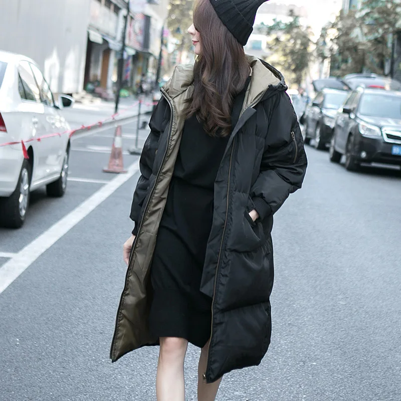 Корейский стиль манто Femme Hiver с капюшоном Длинные пара новая мода зимняя куртка