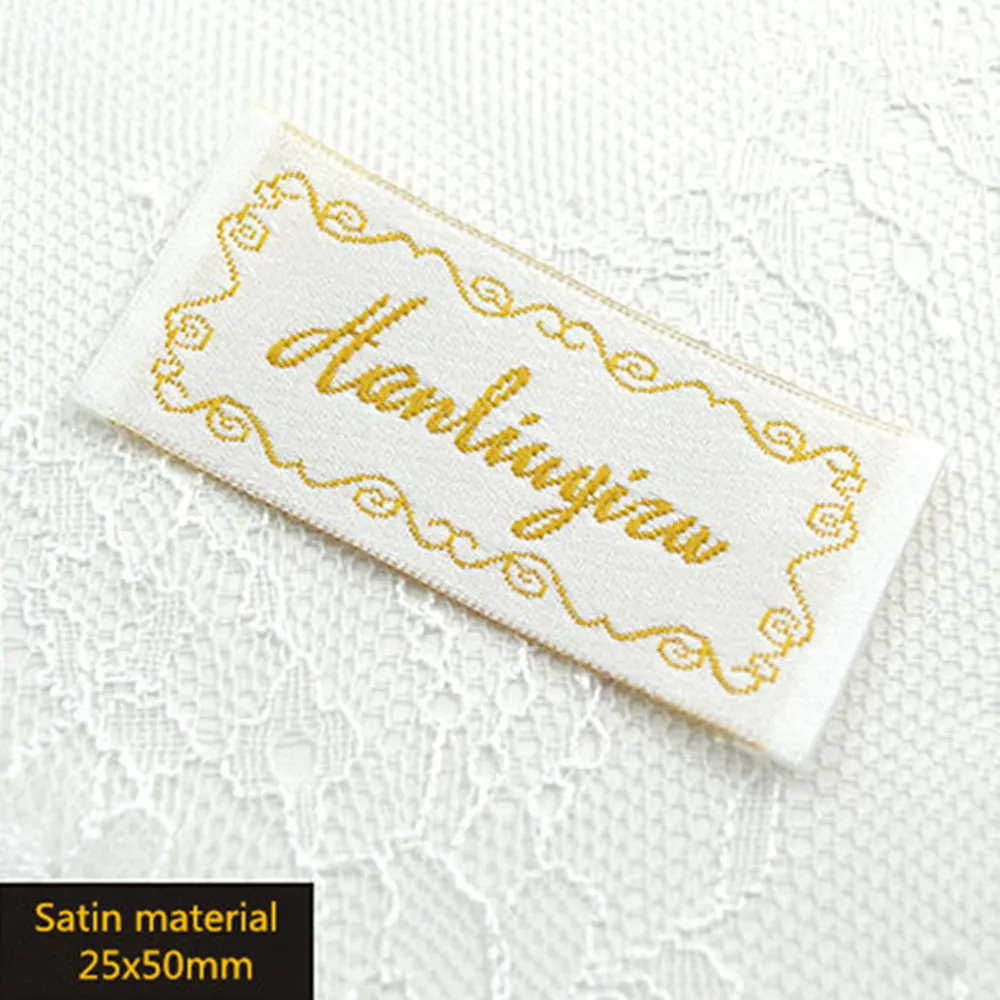 Custom End Fold Embroidered Satin Labels with Spun Gold Process