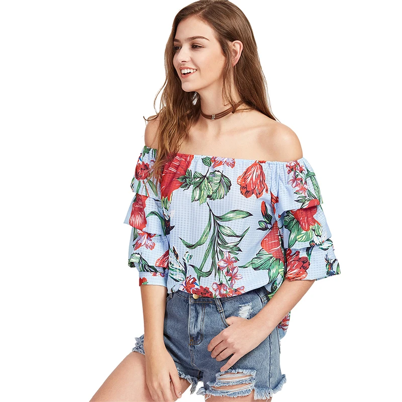 One shoulder ruffles blouse shirt 2017 women tops Summer cotton blouses