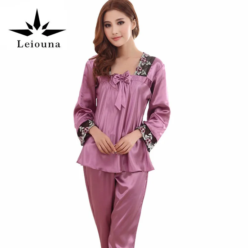 Leiouna New Womens Silk Pajamas Sets Spring Summer Female Lace