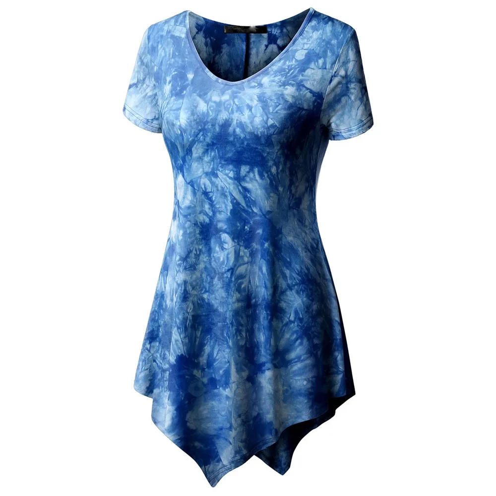 

2018 Women's Casual T-shirt O-neck Printed Short Sleeve Irregular Tops Plus Tie-dye irregular top