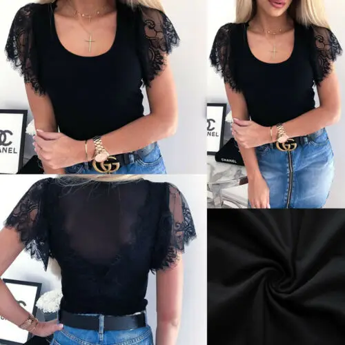 

Stylish Hot Sale Women Sexy Black Lace Short Sleeve Perspective Loose O-Neck Mesh Slim T-shirts Tops Lady Summer Casual Top S-XL