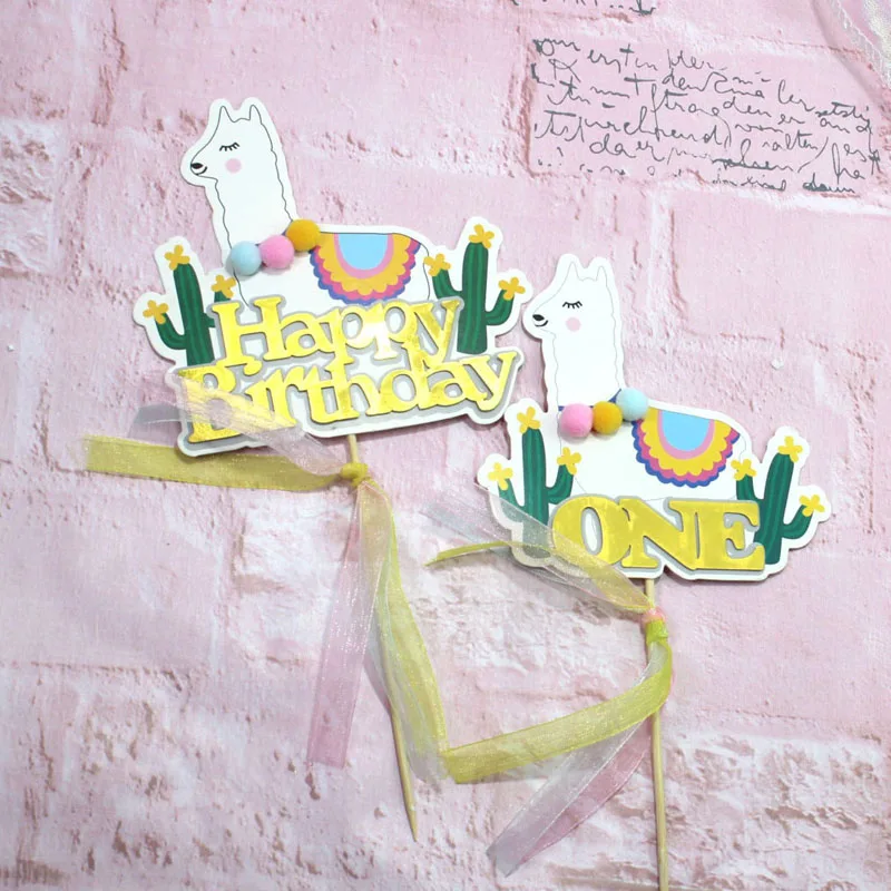 Alpaca Cactus Happy Birthday Cake Toppers Kids 1st Birthday One Year Birthday Cake Flags Cute Alpaca Birthday Party Decoration