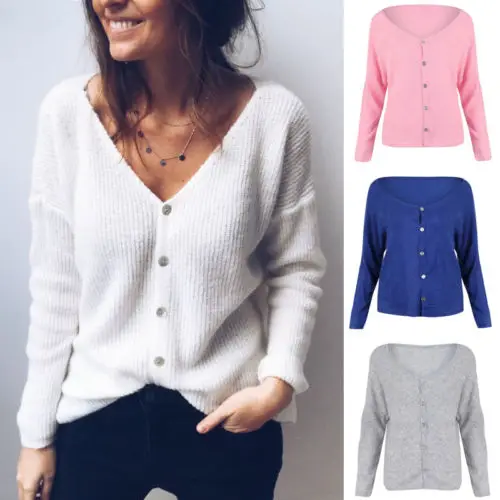 

Casual Women Knitted Cardigan Coat Autumn Ladies Slim V-Neck Long Sleeve Jacket Outwear Button Solid Color Fall Clothes