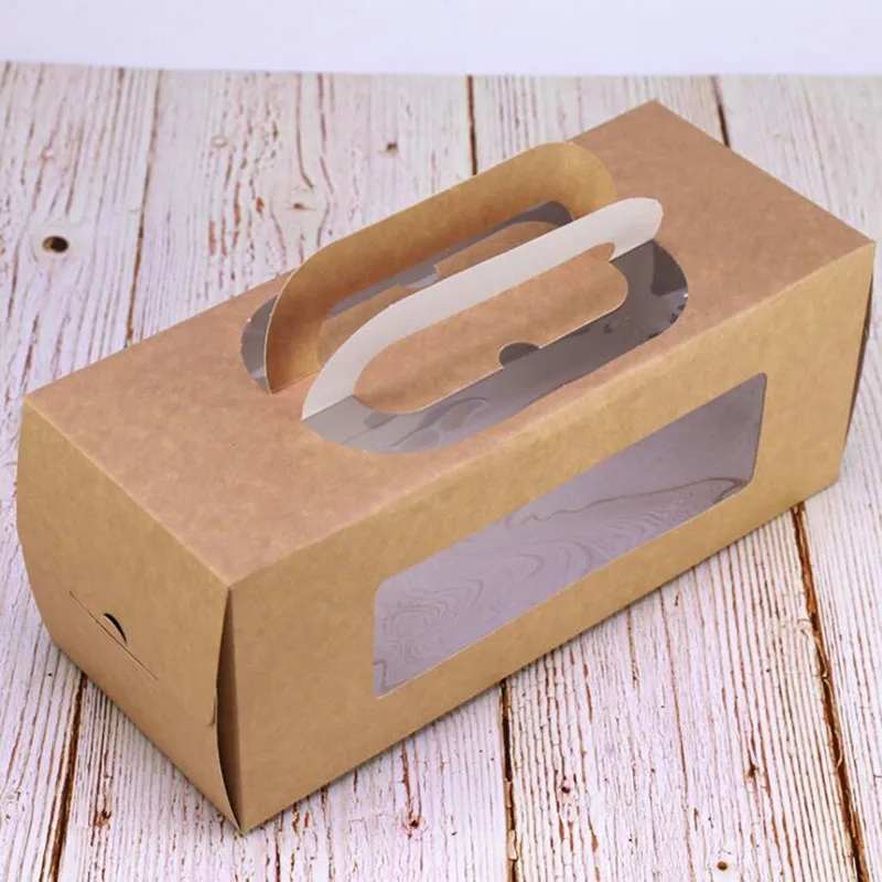 FeiLuan store10pcs 27x11x11cm Brown paper hand-held windowed cake roll box stock marbled towel roll baked cake pastry box custom - Цвет: same as pic