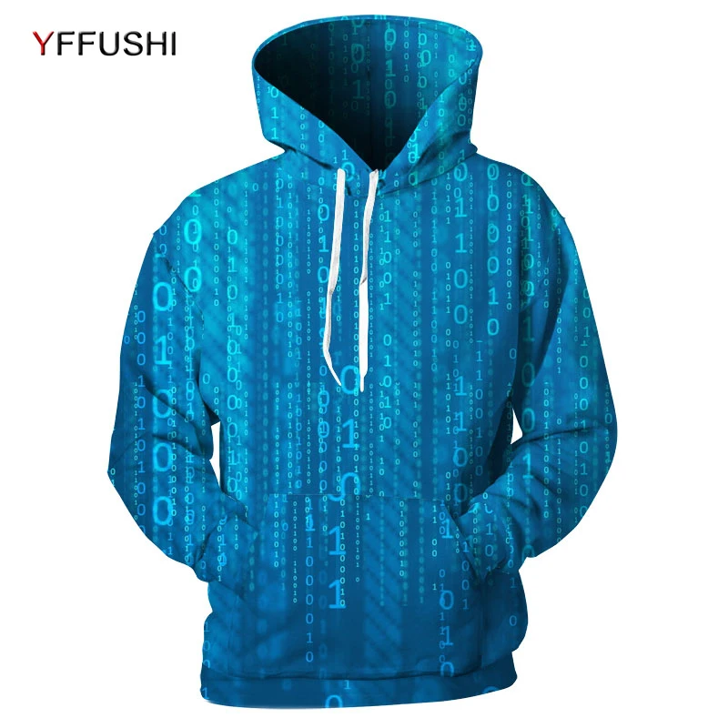 YFUSHI 2018 3D Binary Print Men's Sweatshirts Pullovers Fashion Male Blue Hooded Men Hip Hop Hoodies | Мужская одежда