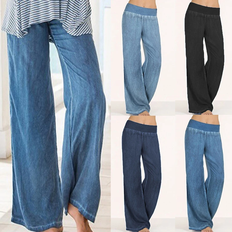 

Plus Size Celmia Women Denim Wide Leg Pants Jeans Elastic High Waist Trousers Womens Clothing Casual Bottoms Pantalon Palazzo