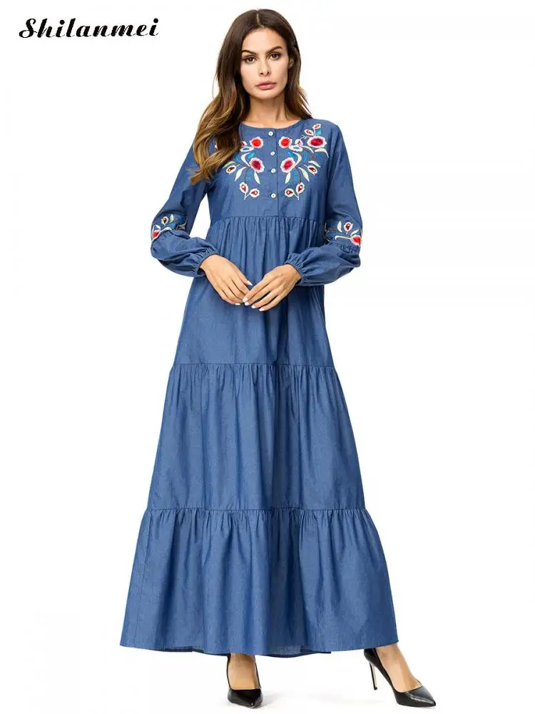 Vintage Women Long Dress 2018 Denim Autumn Winter Long Sleeve Embroidery Dress Plus Size Loose Party Dress Vestidos 3xl 4xl Dresses