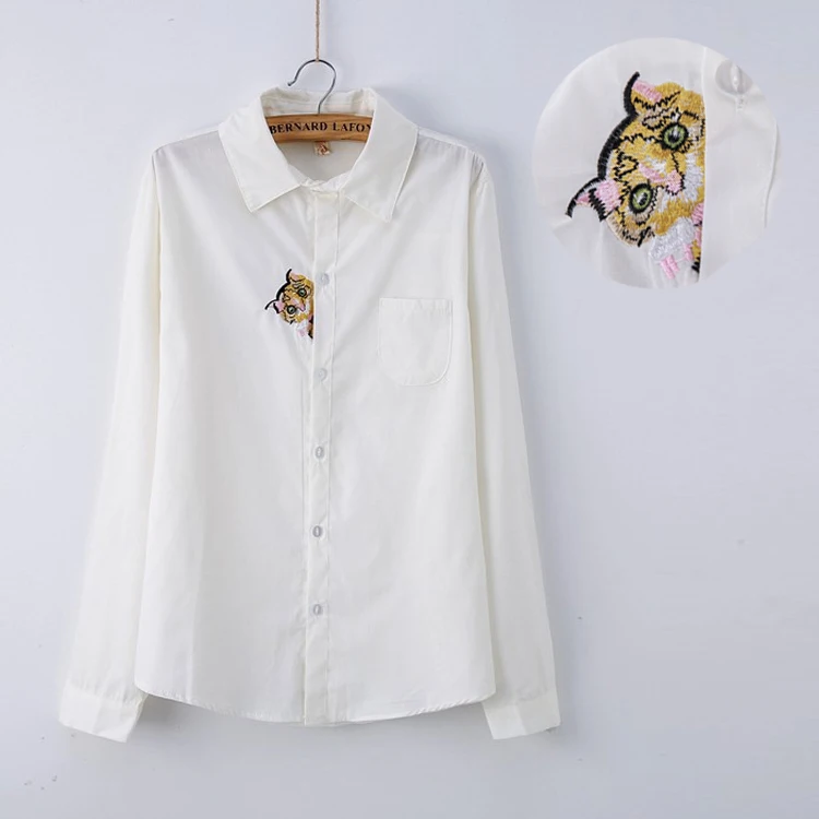 

13 Patterns Preppy Style White Blouse Girls Cotton Cute Cat Embroidery White Shirt Top For Women Long Sleeve T51262
