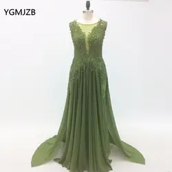 Элегантные длинные Вечерние платья Кружево 2018 Онлайн бисером шифон зеленый Для женщин официальная Вечеринка вечернее платье для