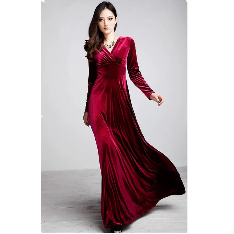 

Fashion women's autumn and winter wear long sleeve v-neck big swing long dress. Red black purple dark green pleuche dress