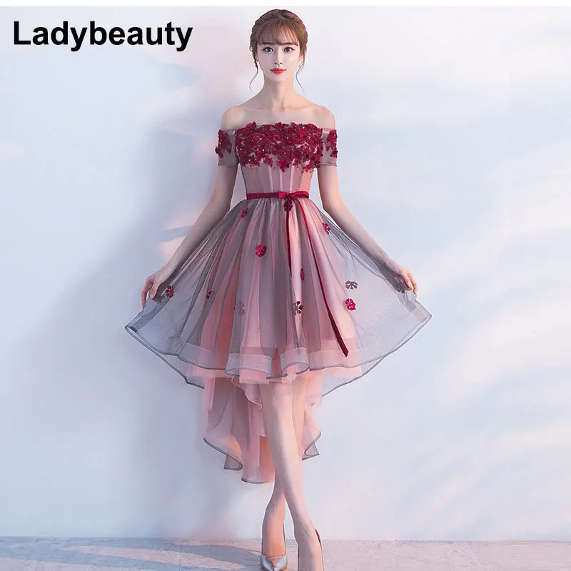 

2018 New Wine Red Lace Embroidery Short Front Long Back Evening Dresses Lacing Formal Gown Flowers High/Low Dress Prom Ball Gown