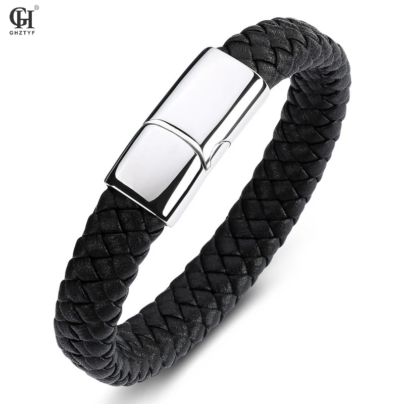 

Men's Punk Leather Stainless Steel Bracelet Simple Cortex Rope Braided Magnetic Buckle Bangle Jewellery Erkek Deri Bileklik