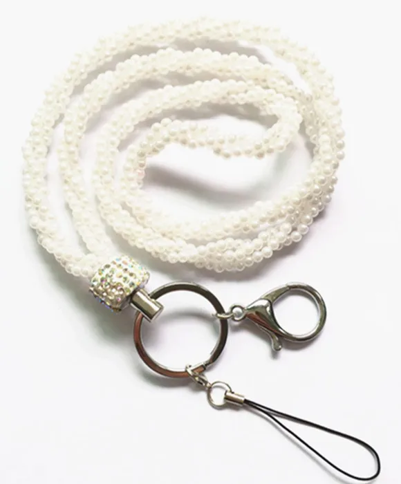 

Newest White Color Luxury Pearl Crystal Custom Neck Lanyard Strap For ID Name Badge Holder Key Holder Ring Clip 1pcs