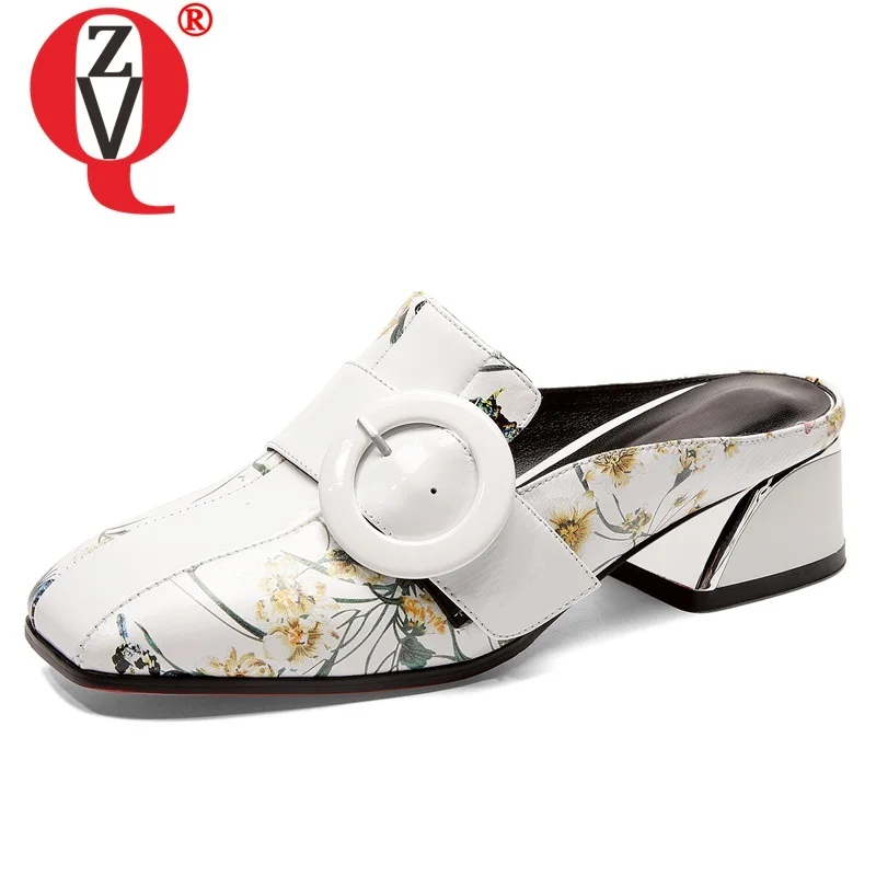 

ZVQ shoes woman 2019 summer newest fashion print genuine leather woman slippers outside med square heels buckle plus size shoes