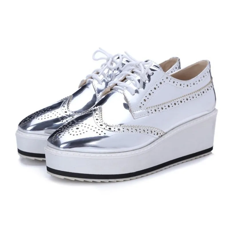 Plus Size 32-48 Women Pumps Oxfords Fashion Patent Leather Wedges Women Shoes Black Silver Lace Up Ladies Brogue Shoes High Heel (3)