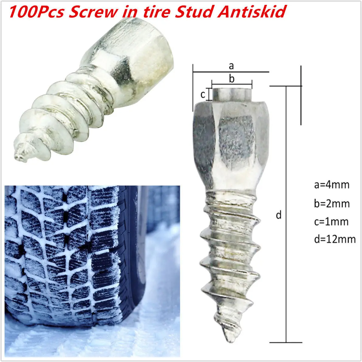100pcs/set Screw in Snow Stud for Car Truck ATV Carbide Tips W/ Steel Body L=12mm