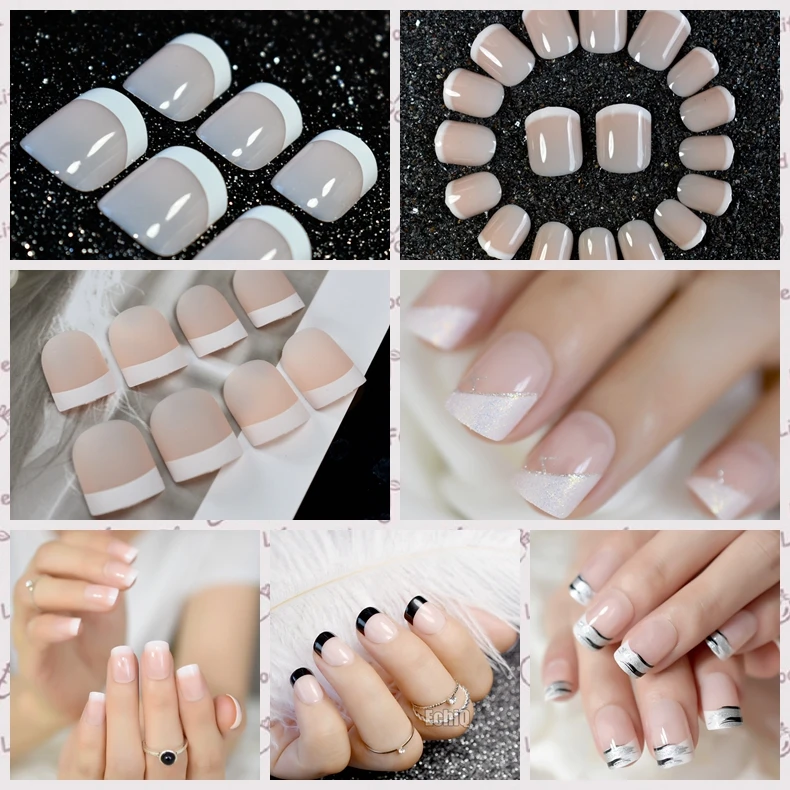 

24pcs Nude French Nail Art Kit Short Round Full Cover Acrylic Fake Nails DIY Women Finger False Salon Tips Many Designs Choice