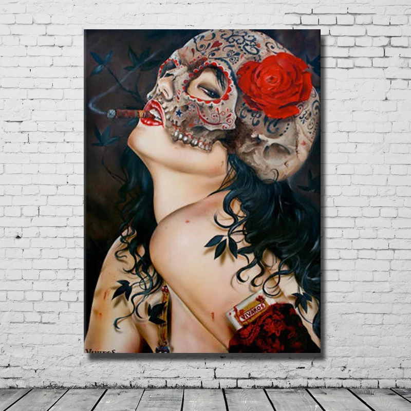 

Hand drawing masked girl smoking prictures hand painted abstract figure oil painting free shipping home decor