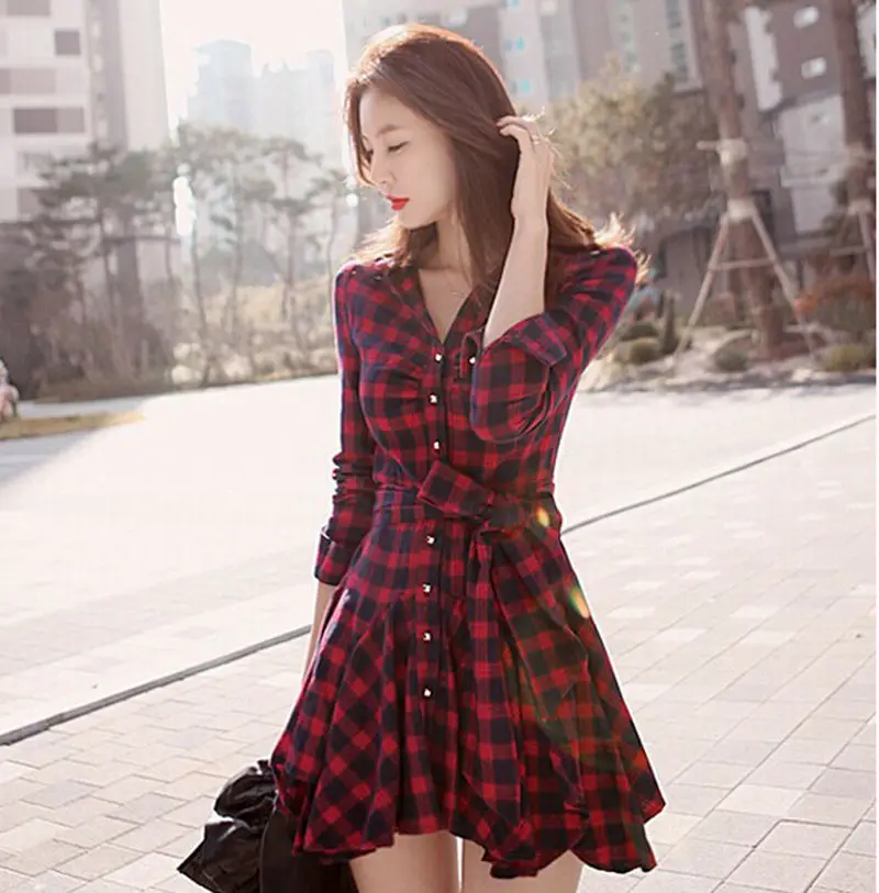 

Fashion Casual Women Ladies Dresses Summer Spring Long Sleeve Party Dress Plaid Short Mini Cocktail Bow Dress Red