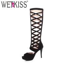 WETKISS/летние женские сапоги до колена на высоком каблуке обувь с открытым носком на тонком каблуке с вырезами и молнией г. пикантная модная женская обувь на платформе