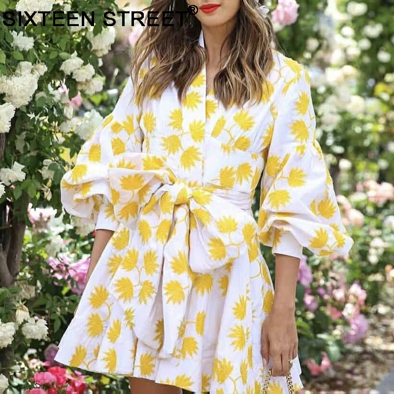 

New Arrived Woman dress yellow Maple leaf printed long sleeve V-neck bow lantern sleeve female mini dresses autumn