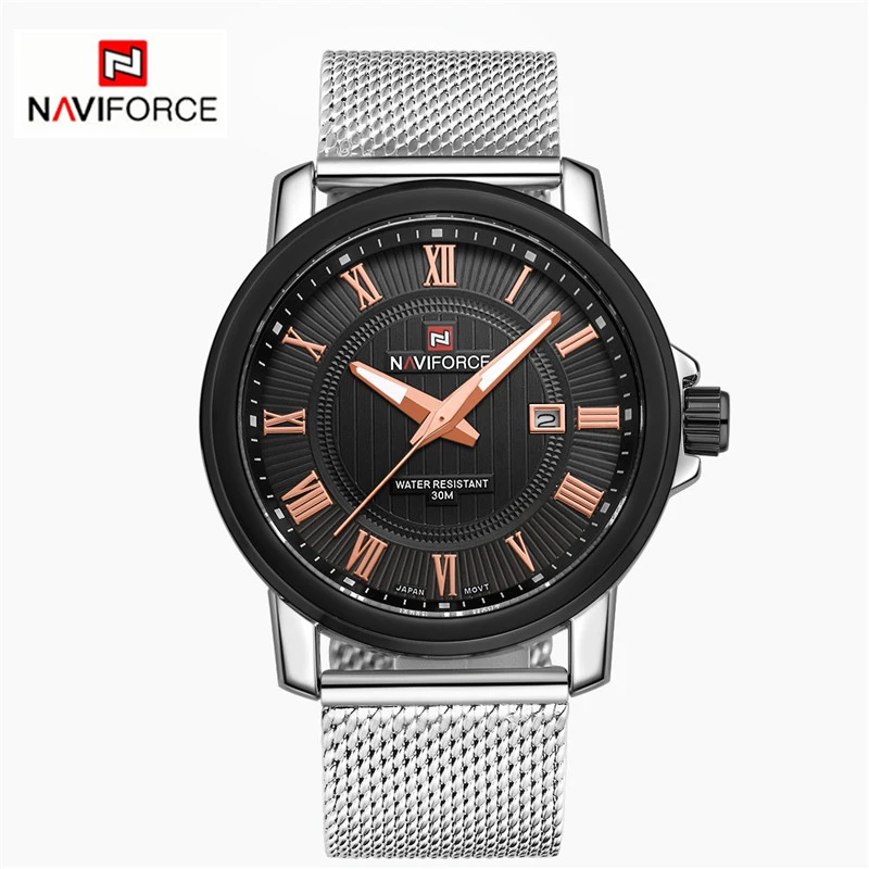 

NAVIFORCE Watch Men Roman Number 30M Waterproof Top Brand Luxury Casual Quartz Mesh Stainless Steel Date Male Wristwatch Clock
