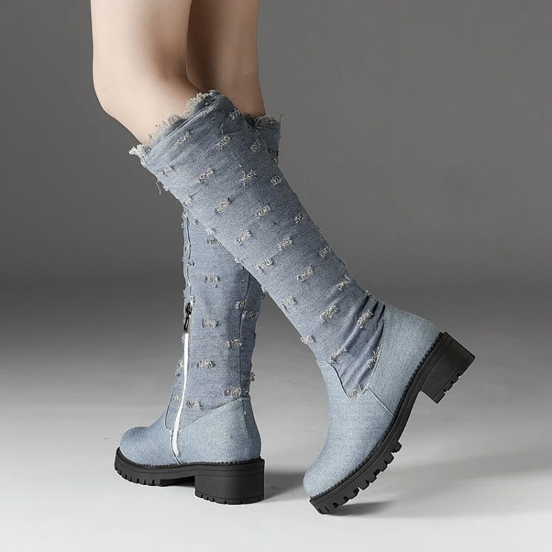 BLXQPYT супер большой размер 34–52 ткани стрейч джинсовые сапоги до колена; круглый носок Для женщин; сезон осень-зима; обувь на среднем каблуке; женская обувь Y76