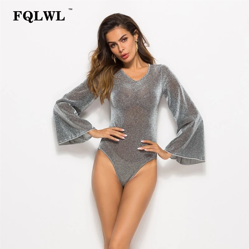

FQLWL Transparent Sexy Mesh Bodysuit V Neck Flare Sleeve Bodycon Jumpsuit Summer Romper Women Top Body Femme Plus Size Bodysuit
