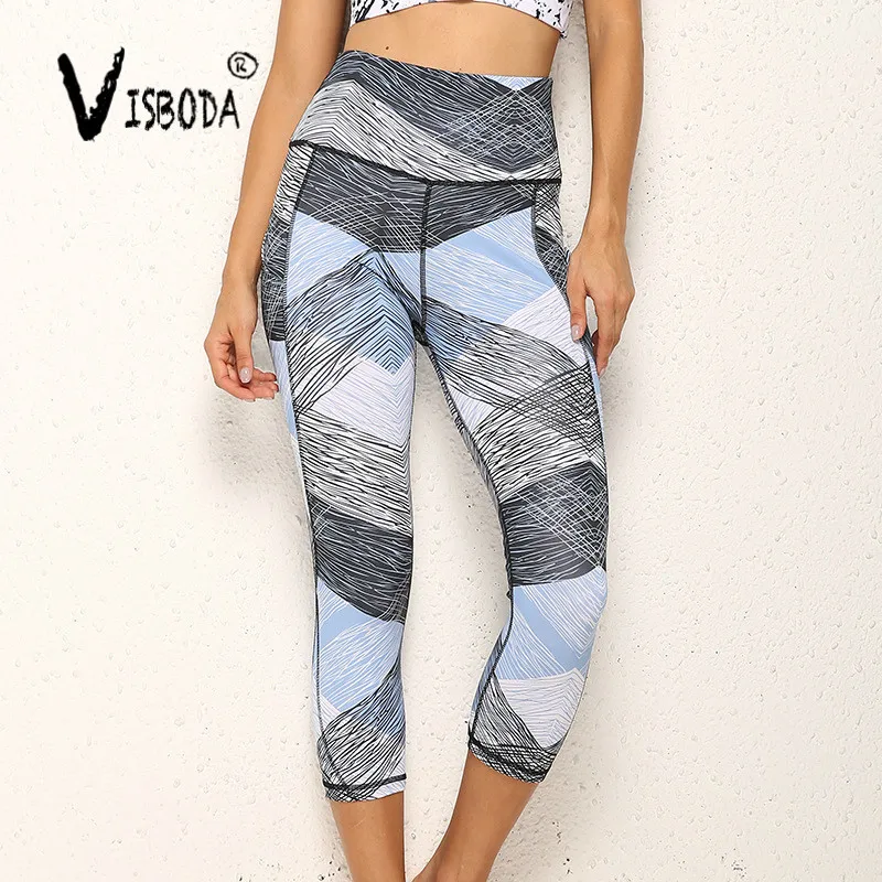 

Women High Waist Cropped Leggings Fitness Fashion Ladies Elastic Push Up Workout Geometric Printed Legging Pants Plus Size