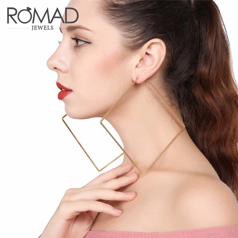 

Romad 12cm Super Elegant Square Hoop Earrings Oversized Big Earrings For Women Gold color Hollow Rhombus Shape oorbellen R4