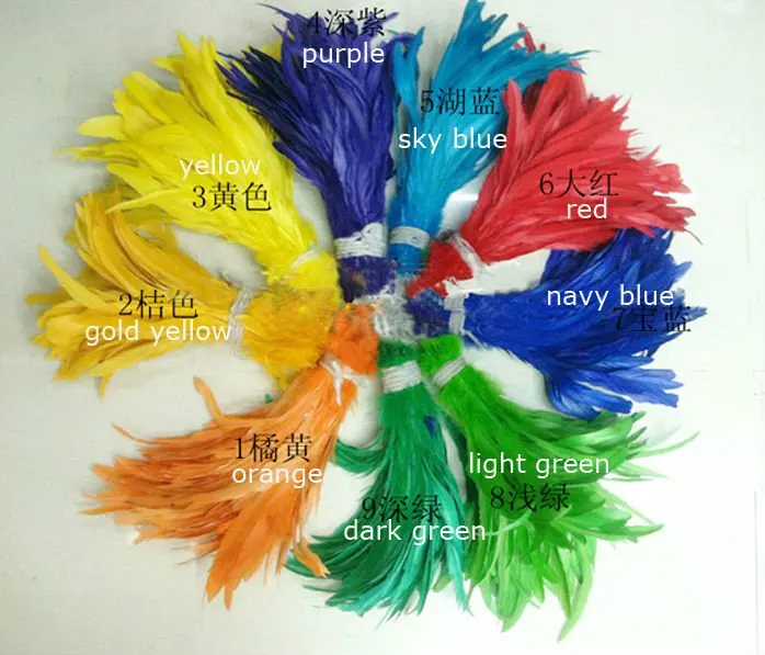 

Feather Top! 100pcs/lot 10-12"(25-30cm) Mixed Dyed Colors Coque Rooster Tail Feathers,Loose Rooster Feathers, Chicken Feathers